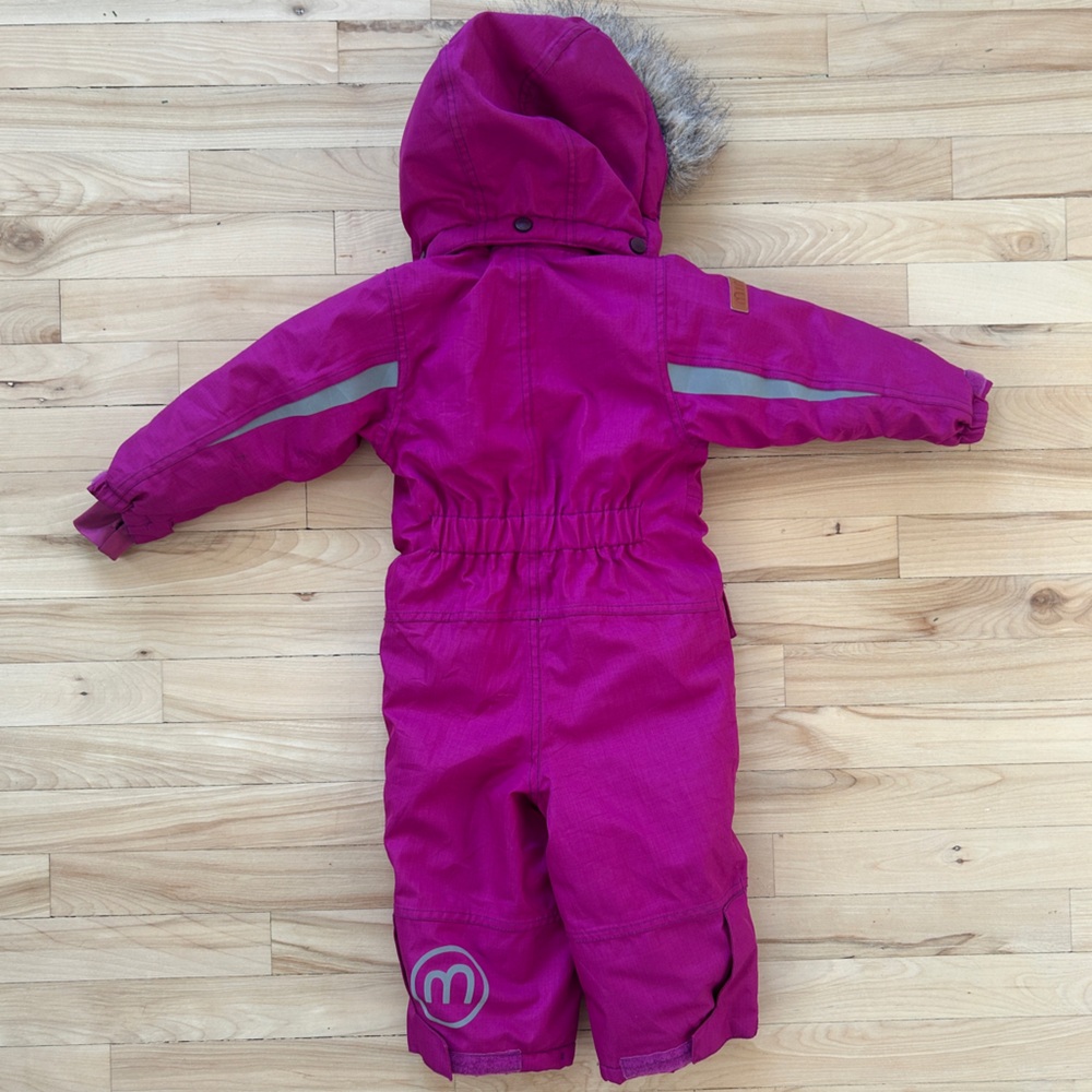 Baby Snowsuit 12M Pink Winter One Piece Hooded Faux Fur Warm - Picture 2 of 3